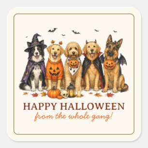 Pegatina Cuadrada Perritos Lindos en Disfraces Halloween