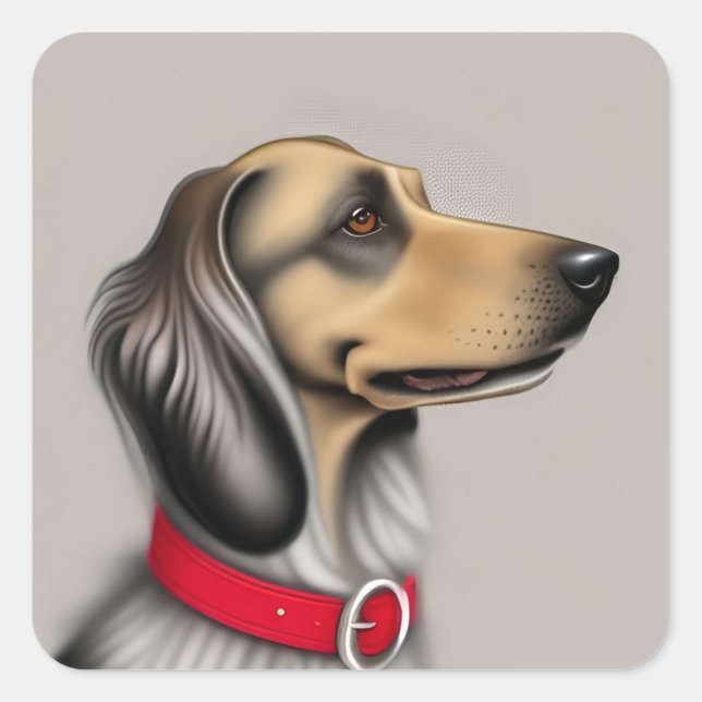 Pegatina Cuadrada Perro agraciado con collar rojo posado de lado (Anverso)