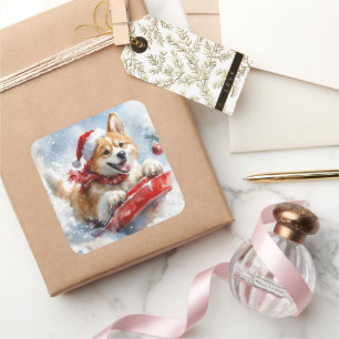 Pegatina Cuadrada Perro Akita en Trineo Deja que Nieve Navidad