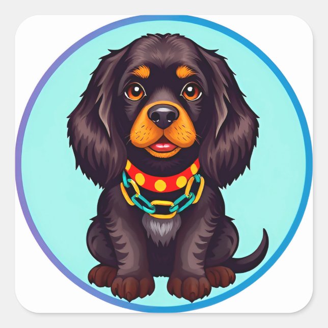 Pegatina Cuadrada Perro Animado Adorable con Collar (Anverso)