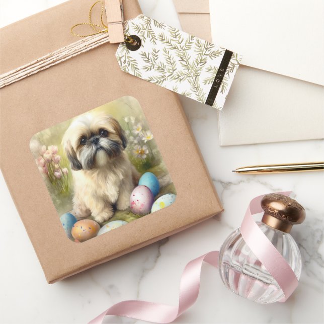 Pegatina Cuadrada Perro Apso de Lhasa con festividad de huevos de Pa (Regalar)