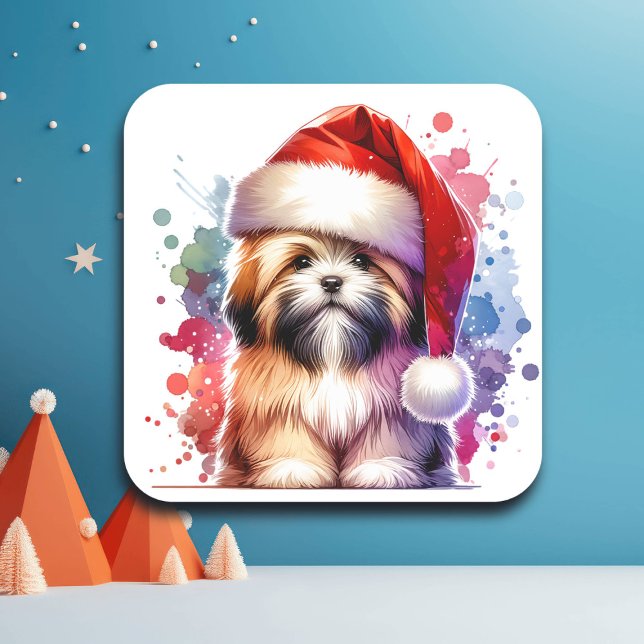 Pegatina Cuadrada Perro Apso Lhasa en Navidades de Santa Hat (Subido por el creador)
