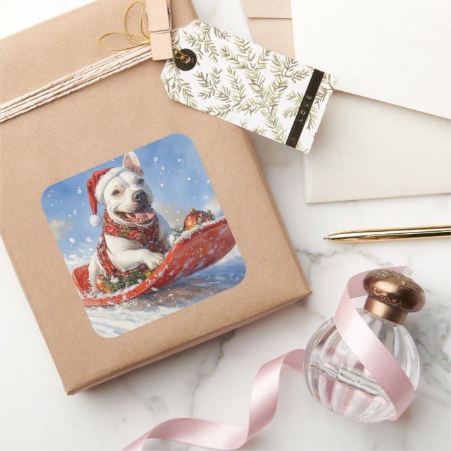 Pegatina Cuadrada Perro asqueroso con nieve, Navidades que nieva (Regalar)