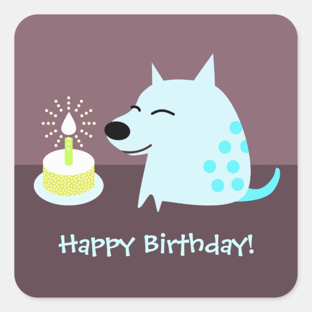 Pegatina Cuadrada Perro azul y pastel de cumpleaños (Anverso)