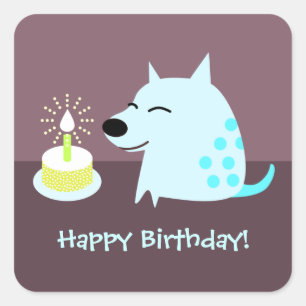 Pegatina Cuadrada Perro azul y pastel de cumpleaños