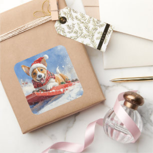 Pegatina Cuadrada Perro Basenji en Trineo Deja que Nieve Navidad