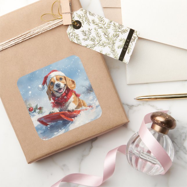 Pegatina Cuadrada Perro Beagle con manchas y Navidades de nieve (Regalar)