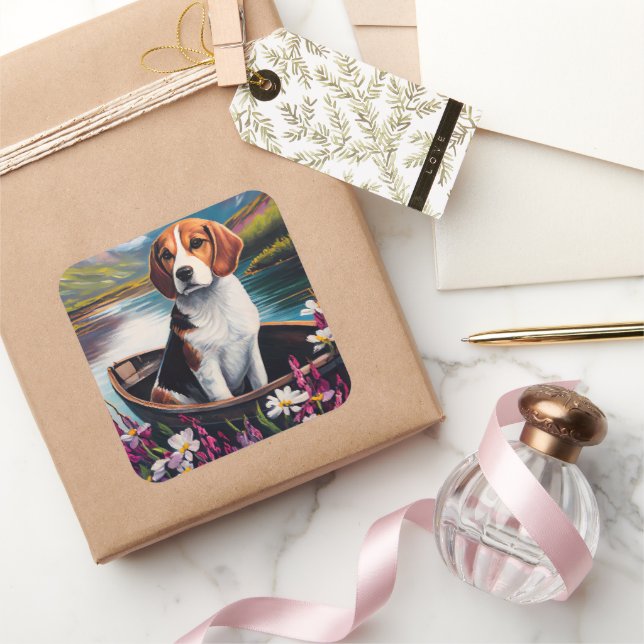 Pegatina Cuadrada Perro Beagle en un remo: Una aventura escénica (Regalar)