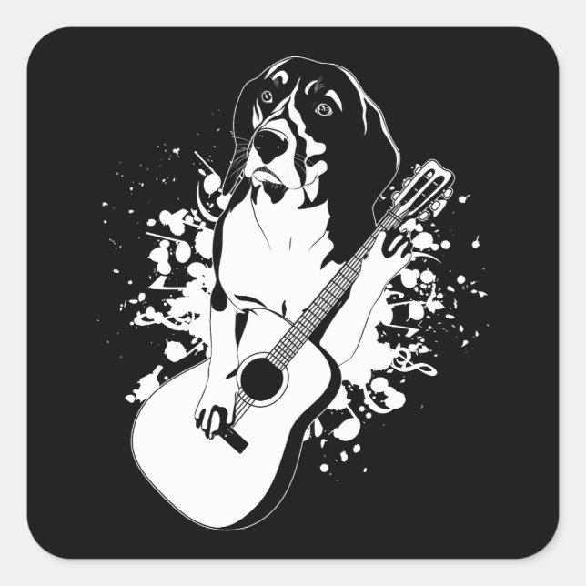 Pegatina Cuadrada Perro Beagle Tocando Guitarra Acústica (Anverso)