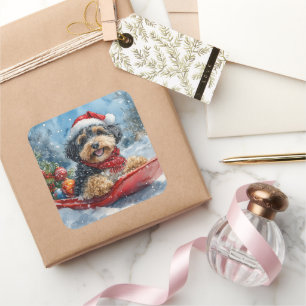 Pegatina Cuadrada Perro Bernedoodle en Trineo Deja que Nieve Navidad