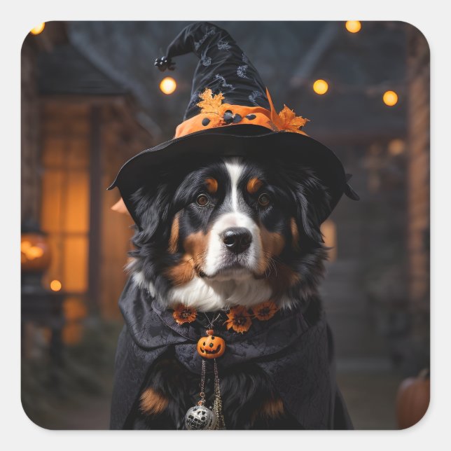 Pegatina Cuadrada Perro Bernés Spooktacular: un Howl-o-Ween de Hallo (Anverso)