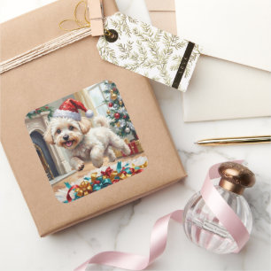 Pegatina Cuadrada Perro Bichon Frise Esponjoso Alegría Navideña