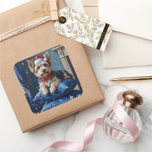 Pegatina Cuadrada Perro Biewer Terrier Elegante de Navidad en Tercio