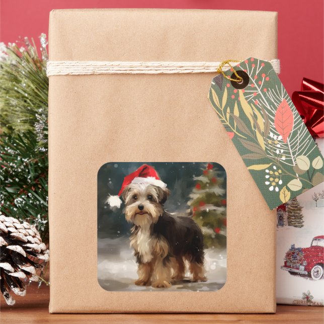 Pegatina Cuadrada Perro Biewer Terrier en Navidad con nieve  (Vacaciones)