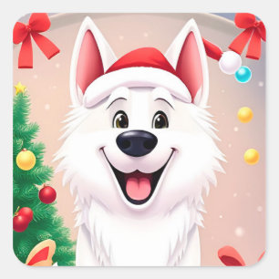 Pegatina Cuadrada Perro Blanco con Gorro de Santa