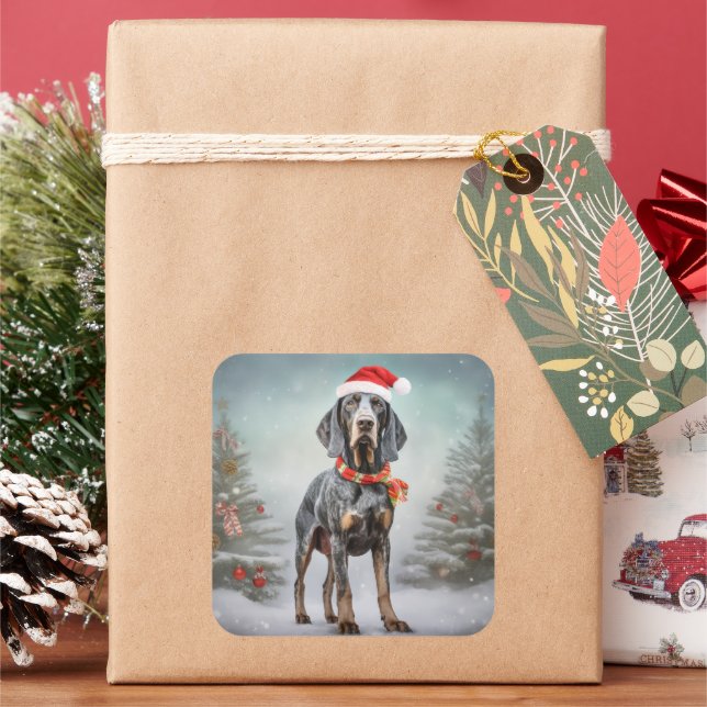 Pegatina Cuadrada Perro Bluetick Coonhound en Navidad con nieve  (Vacaciones)