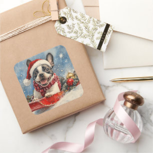Pegatina Cuadrada Perro Boston Terrier en Trineo Deja que Nieve Navi