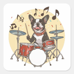 Pegatina Cuadrada Perro Boston Terrier tocando la batería