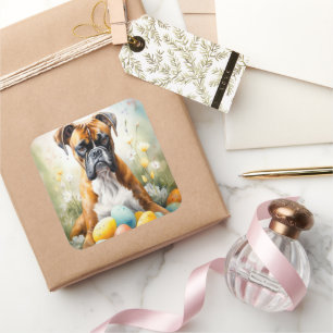 Pegatina Cuadrada Perro Boxer con Huevos de Pascua Fiesta
