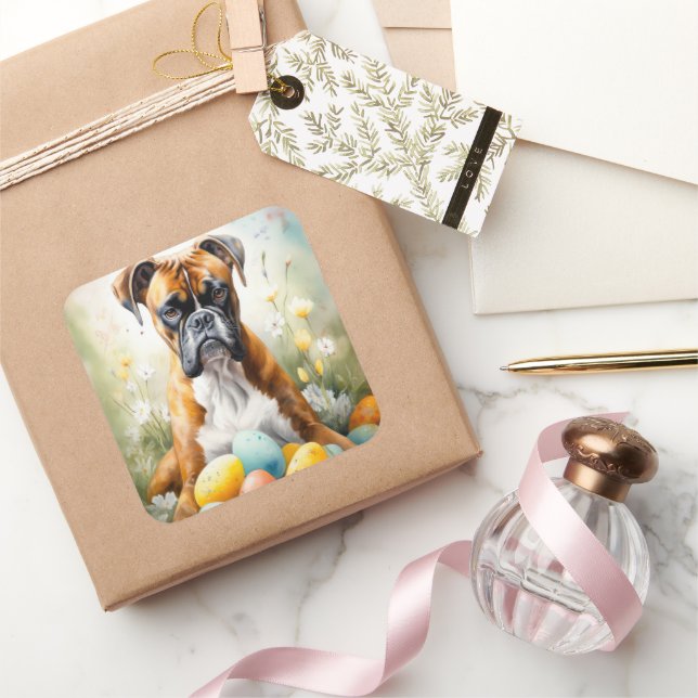 Pegatina Cuadrada Perro Boxer con Huevos de Pascua Fiesta (Regalar)