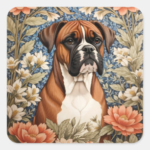 Pegatina Cuadrada Perro Boxer Elegante Inspirado en William Morris