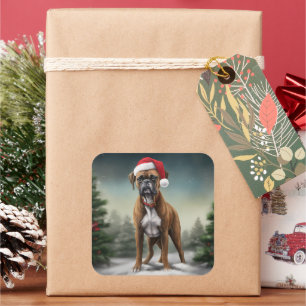Pegatina Cuadrada Perro Boxer en Navidades de Nieve