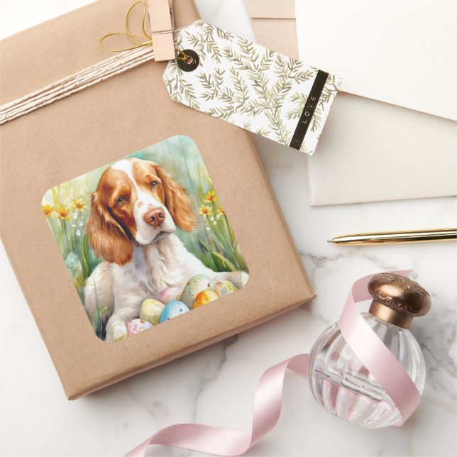 Pegatina Cuadrada Perro Brittany Spaniel con huevos de Pascua (Regalar)