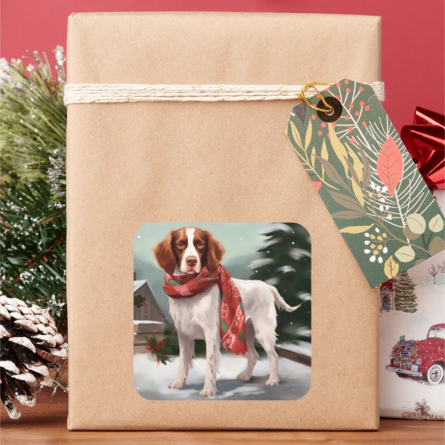 Pegatina Cuadrada Perro Brittany Spaniel en Navidad con Nieve (Vacaciones)