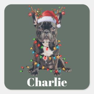 Pegatina Cuadrada Perro Bulldog Francés Navidad Nombre Personalizado