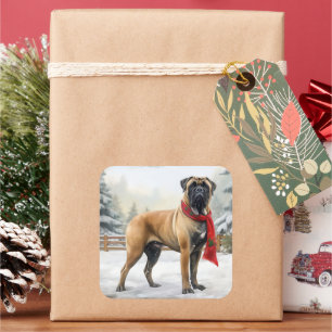Pegatina Cuadrada Perro Bullmastiff en Navidad con nieve