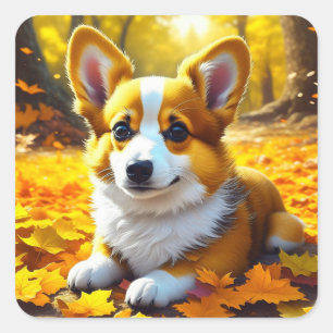 Pegatina Cuadrada Perro cachorro Corgi jugando en hojas de otoño