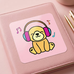Pegatina Cuadrada Perro cachorro Kawaii sonriendo con auriculares co