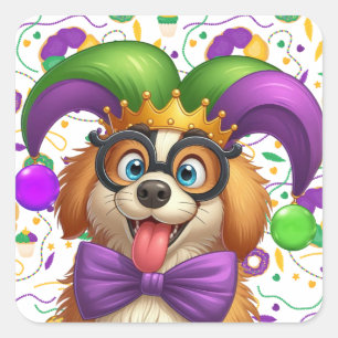 Pegatina Cuadrada Perro cachorro lindo Mardi Gras en gorra de bufón