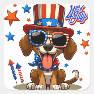 Pegatina Cuadrada Perro/cachorro lindo, patriótico, 4 de julio