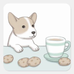 Pegatina Cuadrada Perro, café y galletas Ilustracion arte