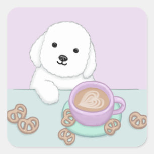 Pegatina Cuadrada Perro, café y galletas Ilustracion arte