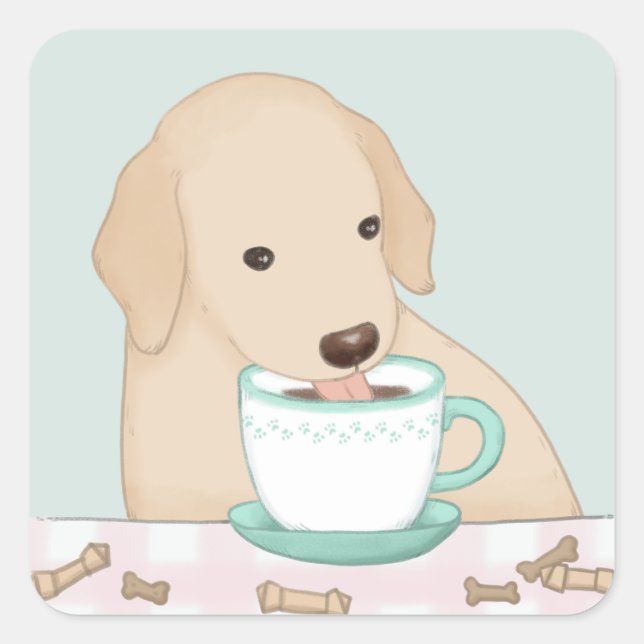 Pegatina Cuadrada Perro, café y Ilustracion Poster (Anverso)