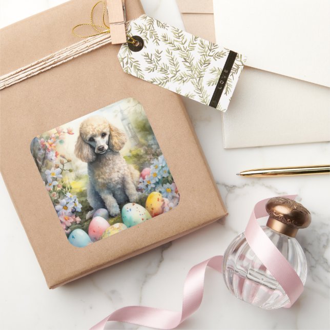 Pegatina Cuadrada Perro Caniche con Fiesta de Huevos de Pascua (Regalar)