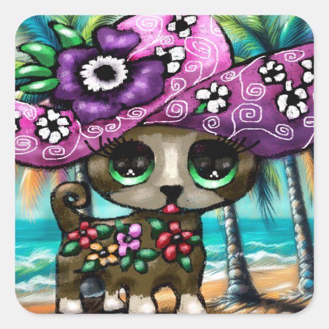 Pegatina Cuadrada Perro chihuahua caprichoso en palmeras de vacacion (Anverso)