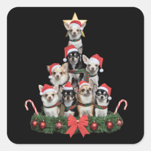 Pegatina Cuadrada Perro Chihuahua Divertido Navidad Árbol de Navidad