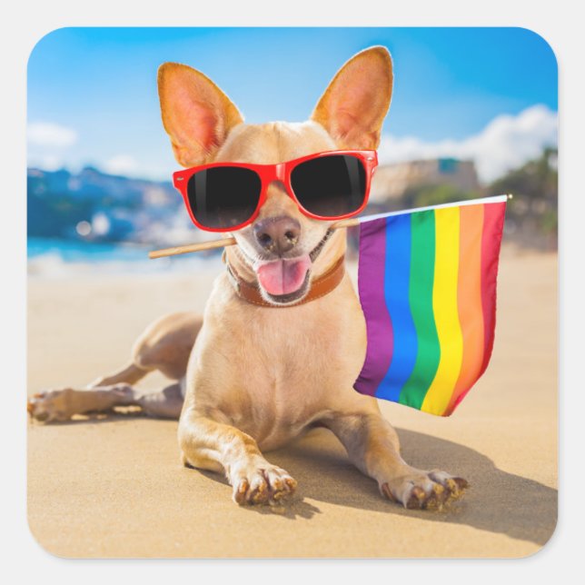 Pegatina Cuadrada Perro Chihuahua en la playa (Anverso)