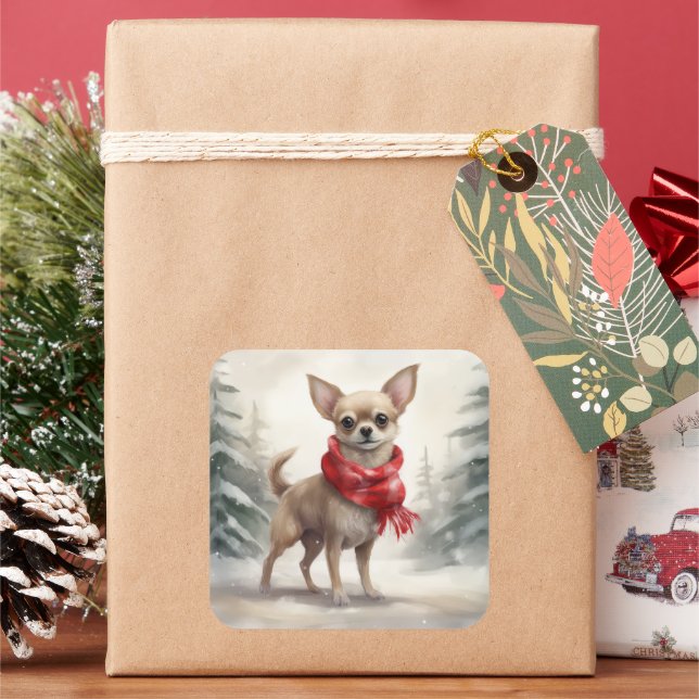Pegatina Cuadrada Perro chihuahua en Navidades de nieve (Vacaciones)