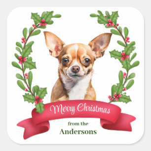 Pegatina Cuadrada Perro Chihuahua marrón con bandera roja de Navidad