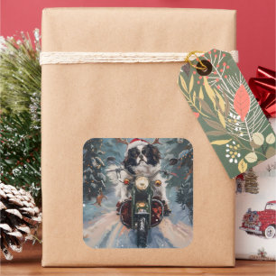 Pegatina Cuadrada Perro Chin Japonés Montando Motocicleta Navidad