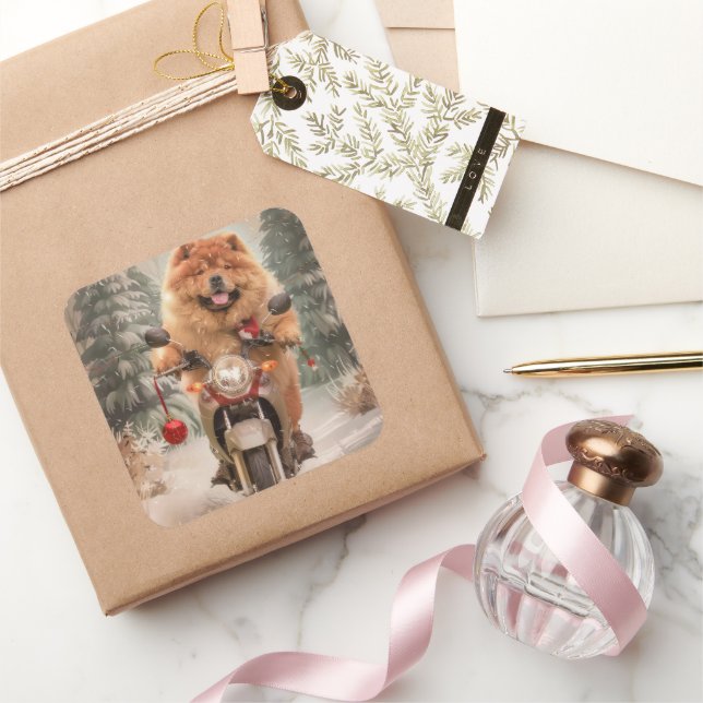 Pegatina Cuadrada Perro Chow Chow montando motocicleta Navidad (Regalar)