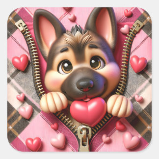 Pegatina Cuadrada Perro Cierre de San Valentín Adorable