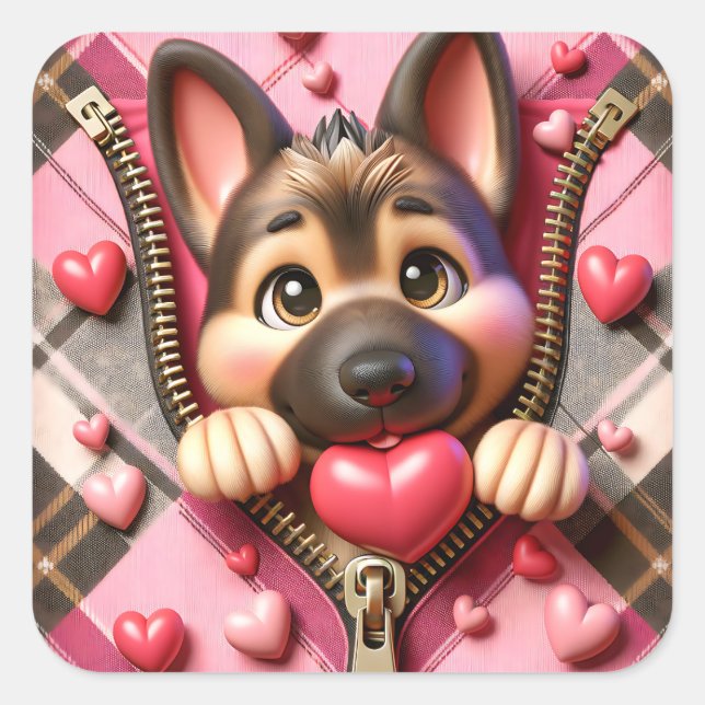 Pegatina Cuadrada Perro Cierre de San Valentín Adorable (Anverso)