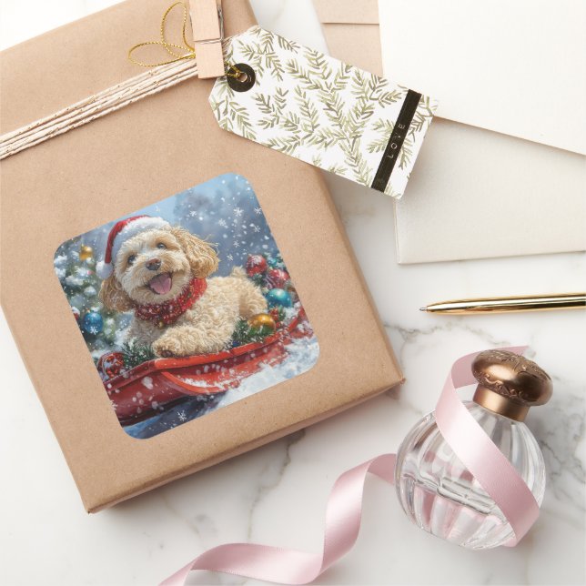 Pegatina Cuadrada Perro Cockapoo en Trineo Deja que Nieve Navidad (Regalar)