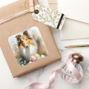 Pegatina Cuadrada Perro Collie áspero con huevos de Pascua de vacaci