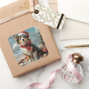 Pegatina Cuadrada Perro Collie Áspero Navidad Vintage Playa